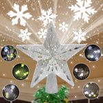 Christmas Tree Topper Star Lighted Matching Ribbon with Lights 5m/16ft,6 Projection Modes with Built-in Rotating LED Dynamic Projector, 3D Glitter Hollow Star Tree Topper for Xmas Tree(Silver)