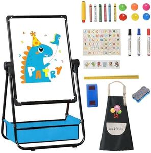 Mekidulu Easel kids,63cm-107cm Adjustable 360° Rotating-Double Sided Iron Kids Easel-with Apron, Alphabet Cartoon. Magnetic Whiteboard with Pencil and Eraser,Blackboard for kids.(Black)