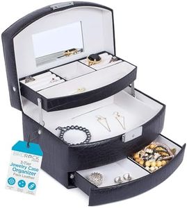 BIRDROCK HOME Faux Leather 3-Tier Jewelry Case Organizer - Small Slide Open Jewelry Boxes Holder - Multi Storage Compartment for Rings, Earrings, Necklaces & Bracelets - Mirror - Women Girls - Black