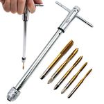 QISF 5PCS M3-M8 Screw Thread Taps Titanium Coating Hand Tap HSS Metric Tap and Die Tapping Tool Set with Adjustable Long T-Handle Ratchet Tap Holder Wrench