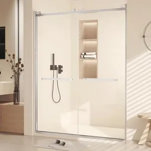 GarveeHome 10mm Sliding Glass Shower Door Frameless Shower Door in Stainless Steel 56 to 60" W x 76" H, Tempered Glass Shower Doors with Seal Strip Parts and Handle, Easy Sliding Shower Door