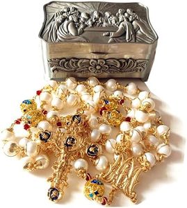 elegantmedical HANDMADE Gold Plated Wire Wrapped Bead AAA White 9mm Real Pearl & Enamel Bead Rosary Cross NECKLACE BOX