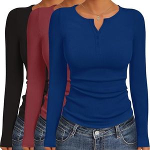 Ekouaer Women's Long Sleeve Shirts 3 Packs Henley Button Down Tops Ribbed Slim Fit Base Layer Soft Thermal Tee Black/Wine Red/Navy (3pcs) S