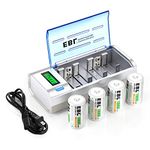 EBL Battery Charger for AA AAA C D 9V, Rechargeable Battery Charger with 4 Counts D Cell 10000mAh Batteries, LCD Smart Charger with Discharge Function