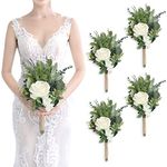 8 Inch Bridesmaid Bouquets Set of 4 - Ivory Artificial Flowers Greenery Bouquet for Wedding, Small Floral Bouquet for Ceremony and Anniversary Marriage Proposal Centerpiece Decorations