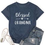 Blessed Grandma Shirt Funny Cute Graphic Tees Women Letter Print T-Shirt Casual Short Sleeve Tops, Navy Blue, Large