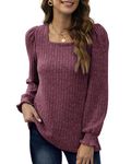 Aokosor Jumpers for Women Lightweight Long Sleeve Tops Ladies Square Neck Sweatshirts Casual Puff Sleeves Purple 14-16