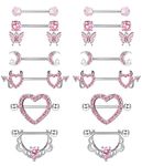 JeryWe 6 Pairs 14G Nipple Bars Nipple Bar for Women Nipple Piercing Jewellery Surgical Steel Nipple Piercing Kit Tongue Bar Set Cute Butterfly Dangly Barbells Heart Flower Moon Body Piercing Barbell