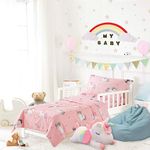 Uozzi Bedding 4 Piece Unicorn Toddler Bedding Set with Rainbow Stars Pink - Includes Adorable Quilted Comforter, Fitted Sheet, Top Sheet, and Pillow Case - Cute Design for Girls Bed