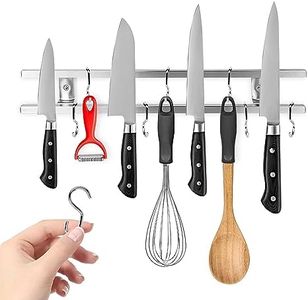 Modern Innovations (16 Inch) Stainless Steel Metal Magnetic Knife Holder, Wall Mount Double Bar with 8 Hooks - Multipurpose Knife Magnetic Strip, Utensil hanger, and Kitchen Storage Rack Magnet