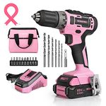 WORKPRO 20V Pink Cordless Drill Driver Set, 3/8” Keyless Chuck, 2.0 Ah Li-ion Battery, 1 Hour Fast Charger and 11-inch Storage Bag Included - Pink Ribbon