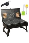 NYTK RETAIL Barbecue Grills - Foldable Charcoal Barbeque Grill Outdoor bbq grill (2 Spatula, 1 Bbq,1 Air Blower, 8 Stick) tools for Camping Picnics Traveling - Stellar Black (Barbecue set)