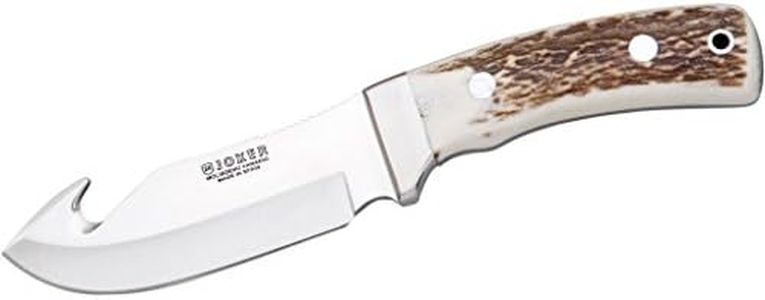 Skinning Knife Joker OSO D CC55 with Deer Horn Handle, 12 cm MOVA Blade, with Brown Leather Sheath, Tool for Fishing, Hunting, Camping and Hiking