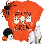 KIMSOONG Halloween Shirt for Women Boo Boo Crew T-Shirt Funny Ghost Nurse Shirts Cute Crewneck Halloween Graphic Tee Top Orange