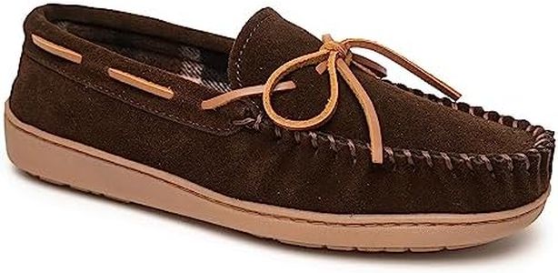 Minnetonka Plaid Lined Hardsole - Moccasin Slippers for Men Made with Suede Upper, Rubber Sole, Plush Interior, Fleece Lining, Rawhide Lace, and Traditional Moccasin Design, Chocolate, 7 US