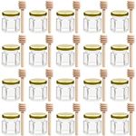 BELLE VOUS 20 Pack Hexagonal Glass Honey Jars with Lid & Wooden Dipper - 40ml/1.4oz Mini Pots - Mason Jar for Foods, Jams & Spices - Baby Shower, Wedding & Party Favors