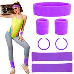 Beamely 80s Headband and Wristband Leg Warmers Party Set for Women and Girls, 1980s Neon Fancy Dress Costumes Accessories with Earrings Sport Kit for 80s Retro Them Party Supplies Gym Sport(Purple)