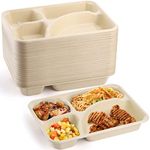 Lyellfe 50 Pack Compostable Paper Plates, Natural Sugarcane 4 Compartment Plate, Heavy Duty Lunch Tray, Disposable Divided Sectional Plate, Microwave Freezer Safe for Party School