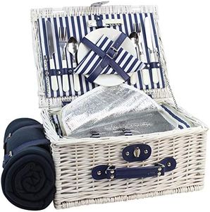 INNO STAGE Willow Picnic Basket per 2 Persone, Wicker Hamper Set con vano refrigerante Isolato, Tappeto da Picnic in Pile Morbido Rimovibile (Bianco Lavato)