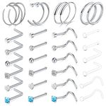 AceFun 20g Nose Stud l Shape and Hoop Nose Rings Stud Nose Rings Hoop C-Shaped Stainless Steel Silver Nose Piercing L-Shaped Tragus Cartilage Hoop Piercing 32pcs