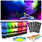 AOOWU Ultraviolet Glow Face Body Paint Set, 8 Colors UV Blacklight Neon Fluorescent Face Paint, Non Toxic Face Painting with Palette Brush, Club Makeup Art Paint Kit for Adults Kids Halloween Party