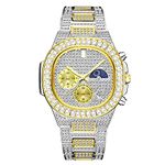 ICEDIAMOND 41mm Full CZ Diamond Moon Phase Square Dial Wrist Watch, Iced Out Bling Zirconia Fashion Calendar Display Quartz Watch for Men (Mixed)