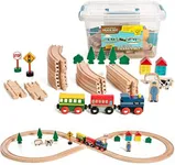 On Track USA Wooden Train Set Figure 8 Wooden Train Track Set, 35 Piece Deluxe Basic Set, with Magnetic Trains and Railway Accessories - Comes in A Clear Container, Compatible with All Major Brands