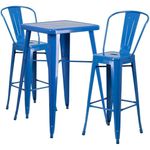 Flash Furniture 23.75'' Square Blue Metal Indoor-Outdoor Bar Table Set with 2 Stools with Backs