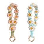 YaLiyA 2 PCS Daisy Key Lanyards Keychain Wristlet Handmade Braided Keychain Wrist Lanyard Crochet Boho Keychain Bracelet Keychain Purse Charm（pink + blue + green + red）