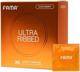 FAMA Ribbed Condoms for Men,Texture Natural Latex Condoms with Sillicone Lubricant, Ultra Sensitive Safe Sex Protection–2.12-Inch/54 mm Diameter (36 Count)