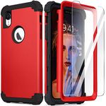 for iPhone XR Case, for iPhone XR Case with Tempered Glass Screen Protector, IDweel 3 in 1 Shockproof Slim Hybrid Heavy Duty Hard PC Cover Soft Silicone Rugged Bumper Full Body Case, Red+Black