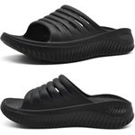 KuaiLu Womens Recovery Sandals With Comfortable Plantar Fasciitis Support,Ladies Orthotic Open Toe Sport Slides Thick Cushion Reduces Stress on Feet,Joints & Back Post-Exercise, All Black, 7