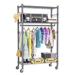 Homdox 3-Tier Garment Rack, Heavy Duty Clothing Wire Shelving, Rolling Free Standing Closet with Lockable Wheels, 1 Hanging Rod and 2 Pairs Side Hooks, Gray