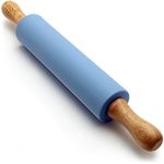 iGadgitz Home U6757 Small Non-Stick Silicone Rolling Pin with Wooden Handles for Baking, Mini Pastry Dough Roller, Fondant, Pizza - Blue 30cm (12")