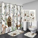 Jayden Madge 4PCS Rustic Cabin Shower Curtain Set, Country Botanical Birch Tree Woodland Black Bear Moose Deer Fox Cute Wildlife Animals Hunting Lodge Farmhouse Bathroom Decor, Non-slip Bath Mat, Lynx