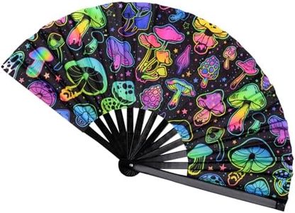 Plzoslly Large UV Glow Rave Fan Bamboo Folding Fan, Festival Folding Hand Fan Clack Folding Fan Chinese Japanese Folding Fan for Halloween, Music Festival, Club, Dance, Party, Drag Queen(Mushrooms)