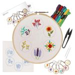 Embroiderymaterial 8-Inch Embroidery Kit for Beginners with MDF Key Rings (Round Shape)– Includes Floral Designs, Needles, Cutter, Threads, Hand-Printed Fabric, and Instruction Guide