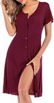 DLOREUK Women's Nightshirt, Short/Long Sleeve Nightgown V Neck Button Down Pajama Dress S-XXL, Wine Red, Medium