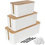 STARVAST Cable Management Box with Wooden Lid | Set of 3 White Large Desk Cable Tidy Box | Large TV Cable Wire Extension Box Organiser Wire Tidy for Home Office | Large, Medium, Small