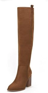 Ermonn Womens Faux Suede Side Zipper Pointed Toe Block Heel Stretch Over The Knee Thigh High Boots