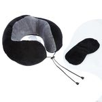 Amazon Basics Premium Travel Neck Pillow + Sleeping Eye Mask Combo with a Portable Bag| Comfortable| Soft Velvet Fabric I Black & Grey