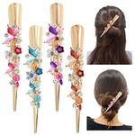 Dizila 4 Pack Large Long Sparkly Double Flowers Leafs Crystal Rhinestones Metal Alligator Hair Clips Duckbill Clips Barrettes Hair Pins Accessories for Women Girls