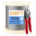 Steel DN Mate 550 Feet T316 1/8'' Stainless Steel Aircraft Wire Rope for Cable Railing Kit, Stair Railing, DIY Balustrade, 1780 lb Breaking Strength, Deck Railing Wire with Cutter, Marine Grade