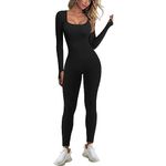 Jumpsuit for women One Piece Ribbed Square Neck Overall Long Sleeve Bodycon Yoga Jumpsuits Sportwear Unitard Playsuits(Black,S)