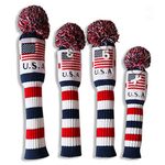 CRAFTSMAN GOLF US Flag Knit Pom Pom White Blue Red Driver,Fairway Wood, Hybrid Head Cover Headcover for Callaway Mizuno Cobra Taylormade (4pcs(#1,3,5,X))