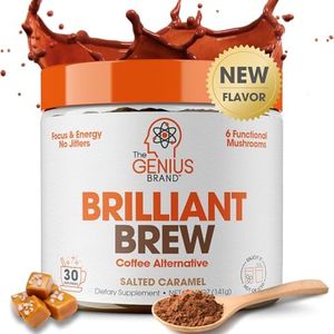 Genius Brilliant Brew, Coffee Alternative- Nootropic Adaptogen Mushroom Coffee Substitute, Natural Energy with No Jitters & Crash - 0 Sugar, No Preservatives or Artificial Flavors, Non-GMO & Soy-Free Salted Caramel