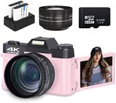 4K Digital Cameras for Photoggraphy, 56MP Vlogging Camera for YouTube with Built-in Fill Light, 16X Digital Zoom, Manual Focus, 52mm Wide Angle Lens & Macro Lens, 32GB TF Card and 2 Batteries