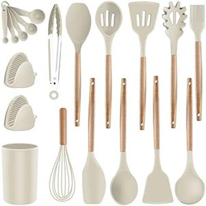 Silicone Kitchen Cooking Utensils Set - Heat Resistant/Non-stick/Non Toxic/BPA Free Silicon Spoons Spatula Whisk Tongs Wooden Handle Kitchen Gadgets Utensil Set with Holder (Khaki)