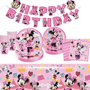 Amycute 102 Pezzi Minnie Piatti Compleanno, Set Compleanno Bambina Piatti Carta Minnie Tovaglioli Tovaglia Stoviglie per Feste Decorazioni per Festa Compleanno Bambini