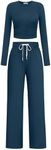 PINSPARK Women's Athletic Clothing Sets 2024 Long Sleeve Crop Top Drawstring Wide Leg Pants Matching Loungewear Yoga Sets, Dark Blue Medium